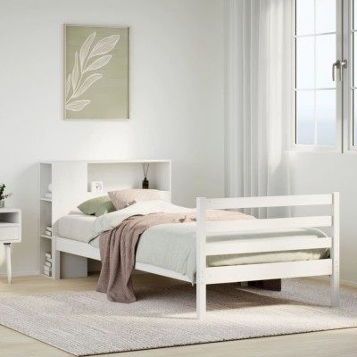 vidaXL Pat cu bibliotecă fără saltea, alb, 90x200 cm, lemn masiv pin 3321876 foto