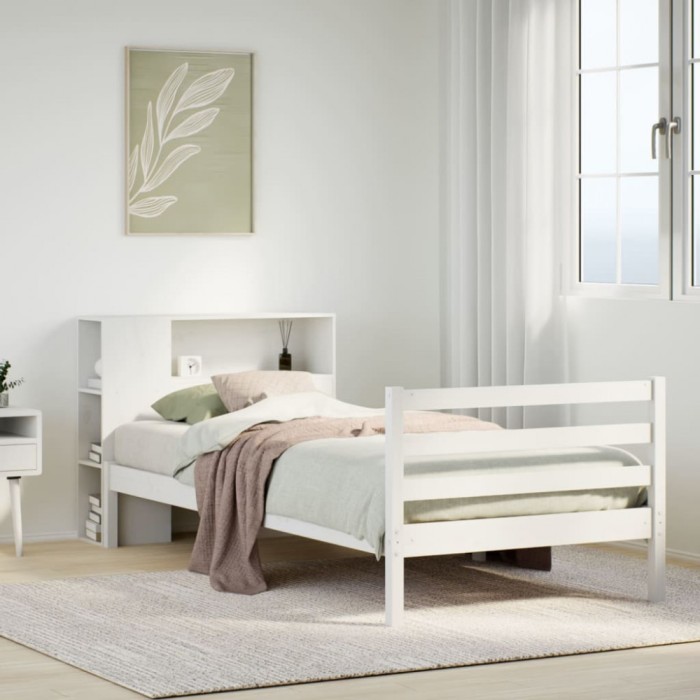 vidaXL Pat cu bibliotecă fără saltea, alb, 90x200 cm, lemn masiv pin 3321876