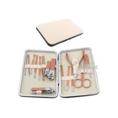 Set 16 ustensile pentru manichiură, suport plastic, oțel inoxidabil, roz/auriu