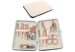 Set 16 ustensile pentru manichiură, suport plastic, oțel inoxidabil, roz/auriu
