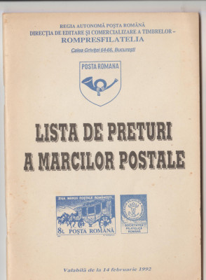 LISTA DE PRETURI A MARCILOR POSTALE RAMANESTI 1992 foto