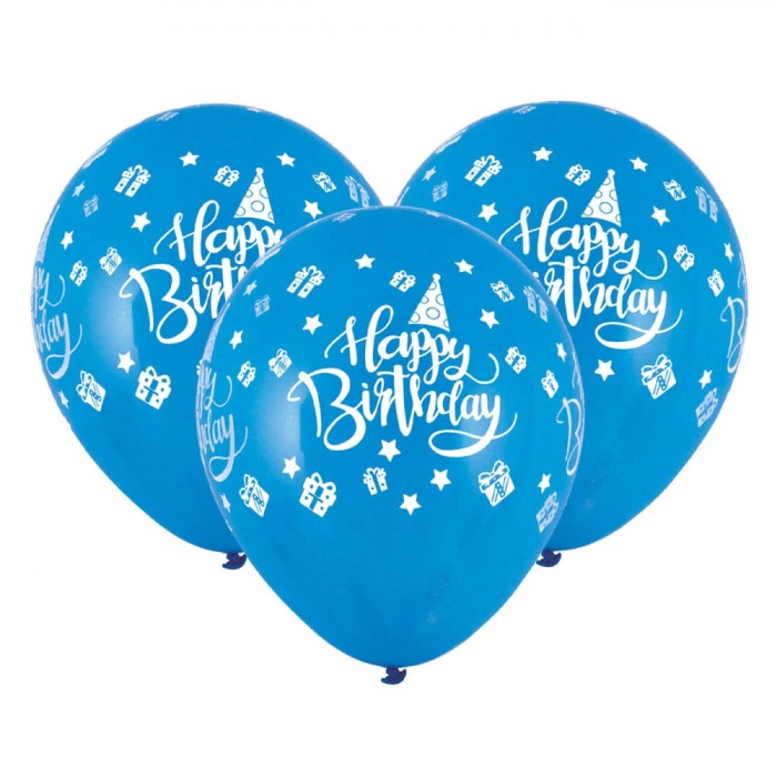 Set Baloane Ziua De Naștere, Latex, Imprimeu Happy Birthday, Albastru, 10 Bucăți