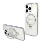 Husa Guess iPhone 15 Pro Ring Stand Script Glitter MagSafe, transparenta, GUHMP15LHRSGSD
