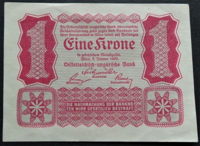 Bancnota istorica 1 COROANA/ KRONE - AUSTRIA, anul 1922 *cod 388 = A.UNC unifata foto