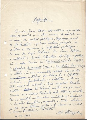 A3239N Document scris și semnat olograf de Alexandru A Philippide referitor la Ioana Petrescu, 1963 foto