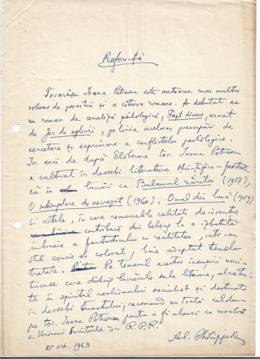 A3239N Document scris și semnat olograf de Alexandru A Philippide referitor la Ioana Petrescu, 1963