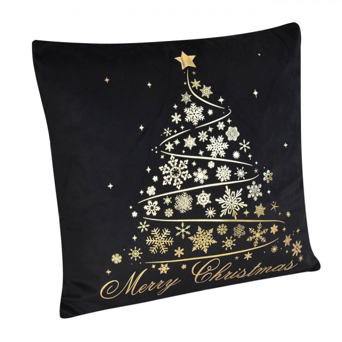 Perna Decorativa Craciun, Catifelata, Brad Auriu Folie Fulgi, Mesaj Merry Christmas, Negru, 43x43cm