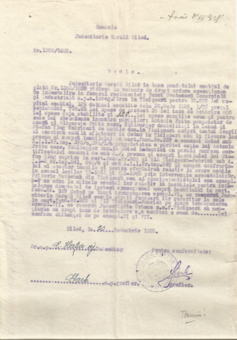 Rom&acirc;nia, Judecătoria Rurală Biled, Decizie, 1928