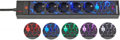 Prelungitor Brennenstuhl Gaming GSL 05 USB, 5 prize, 2 USB, 2.4A, Iluminare LED, 1,5m Buton On Off, Incarcare rapida foto