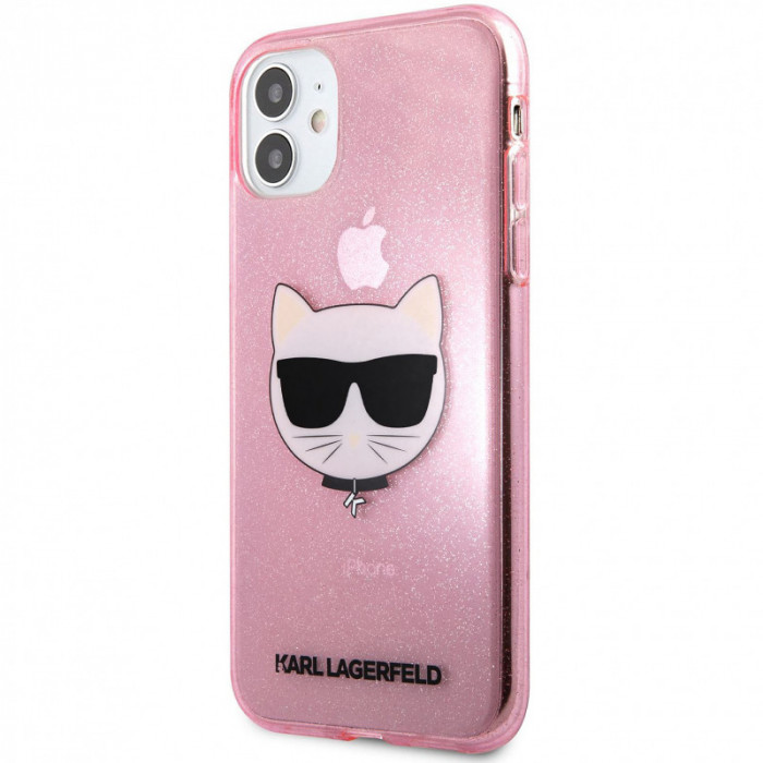 Husa TPU Karl Lagerfeld Choupette Head Glitter pentru Apple iPhone 11, Roz KLHCN61CHTUGLP