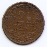 Olanda 2&frac12; Cents 1912 - Wilhelmina, Bronz, 23.4 mm KM-150, Europa