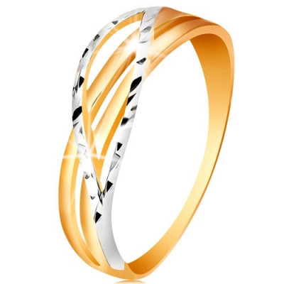 Inel bicolor, realizat din aur de 14K - braţe despicate cu linii ondulate, crestături - Marime inel: 51 foto
