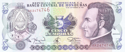 Bancnota Honduras 5 Lempiras 1997 - P81b UNC foto