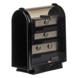 Ascutitoare tripla din plastic, forma butoias, neagra, cu rezervor, CMCLASS