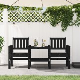 Banca gradina vidaXL 2 locuri cu masa, lemn masiv pin, negru, 175x55x89 cm, suport bauturi