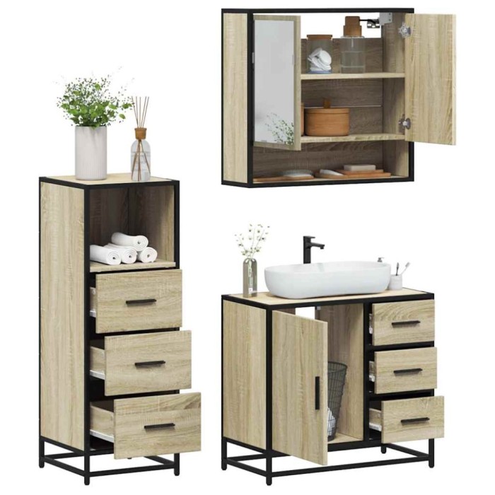 vidaXL Set mobilier de baie, 3 piese, stejar sonoma, lemn prelucrat 3301046