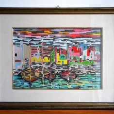 Barci de pescari - pictura originala fauvism, acuarela cu passepartout 45x35cm