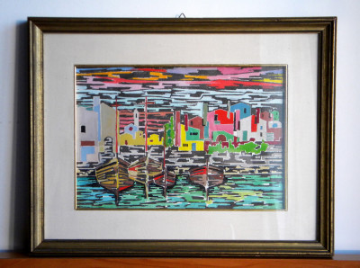 Barci de pescari - pictura originala fauvism, acuarela cu passepartout 45x35cm foto