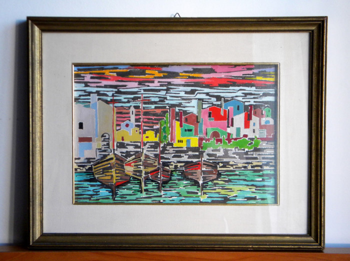 Barci de pescari - pictura originala fauvism, acuarela cu passepartout 45x35cm