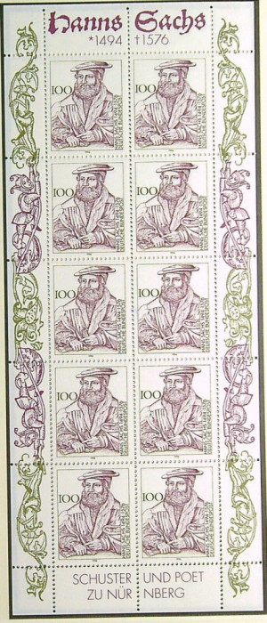 GERMANIA , RFG , - 1994 PERSONALIATATI ,HANS SACHS , BLOC COLITA NESTAMPILAT