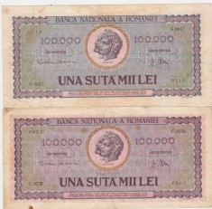 ROMANIA 2 X 100000 LEI IANUARIE 1947 F VARIANTE DE CULOARE