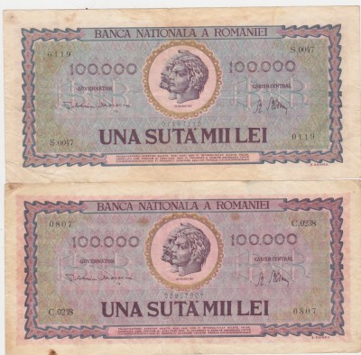 ROMANIA 2 X 100000 LEI IANUARIE 1947 F VARIANTE DE CULOARE foto