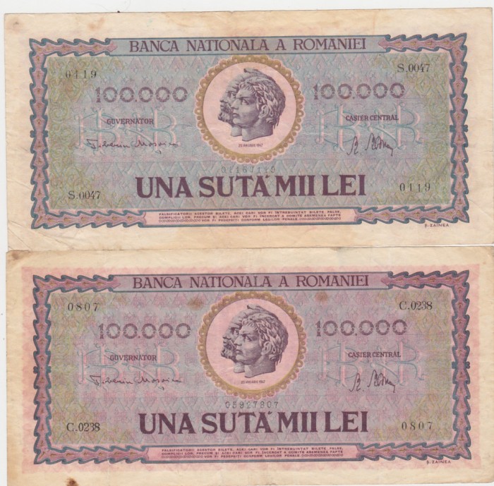 ROMANIA 2 X 100000 LEI IANUARIE 1947 F VARIANTE DE CULOARE