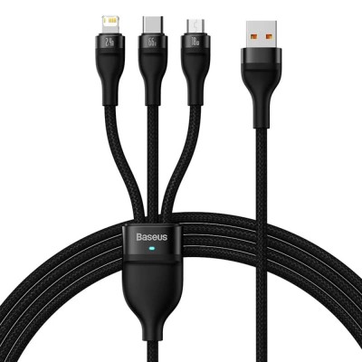 Baseus - Data Cable Flash Series 2 (CASS040001) - Fast Charge, USB to Type-C, Lightning, Micro-USB, 66W, 1.2 m - Black foto