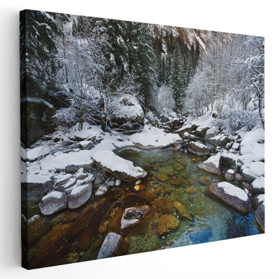Tablou peisaj iarna rau padure Tablou canvas pe panza CU RAMA 40x60 cm foto