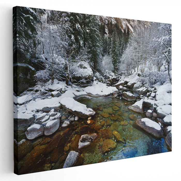 Tablou peisaj iarna rau padure Tablou canvas pe panza CU RAMA 80x120 cm