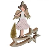 Decorațiune Crăciun, Ingeraș Lemn, Fetiță Rochie Blană Roz, Aripi și Coroană Glitter, Brad Auriu, 23 cm, Oem