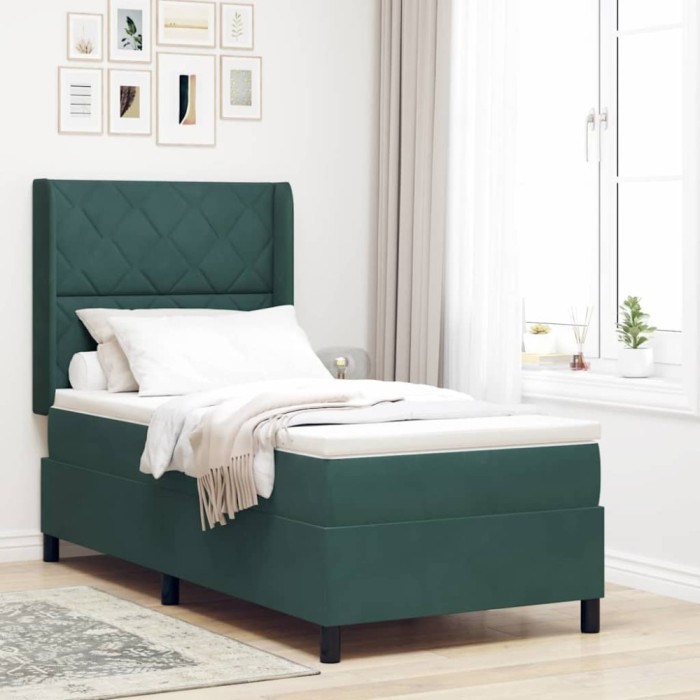 vidaXL Pat cu boxă spring LED și saltea Verde &icirc;nchis 90 x 200 cm 3343907