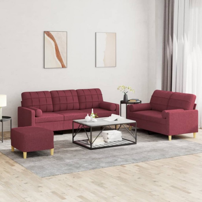 vidaXL Set canapea cu perne, 3 piese, roșu vin, material textil 3201336