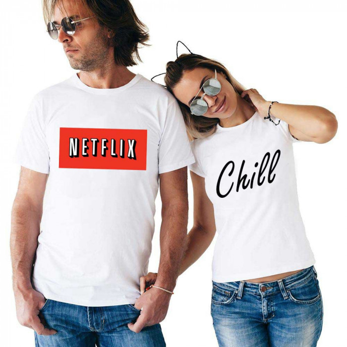 Set doua tricouri albe pentru cupluri - Netflix &amp; Chill - L