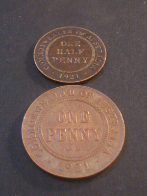 One Penny 1921 + Half Penny 1921 Australia (poze) foto