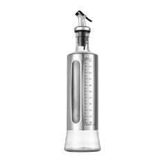 Dispenser pentru ulei, 500ml, argintiu, otel inoxidabil si sticla, scala de masurare, Inaltime de 24,5 cm, latime de 6,5 cm