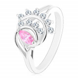 Inel de culoare argintie, bob roz, arcade din zirconiu transparent - Marime inel: 57