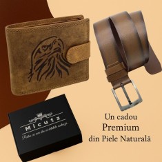 Pachet Cadou pentru Barbati Eagle Spirit: Portofel Piele personalizat cu Vultur + Curea Piele Naturala