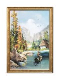 Tablou pictat manual inramat, Cu barca pe lac, 65x45cm ulei pe panza, rama din lemn, Geo Ungureanu