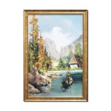 Tablou pictat manual inramat, Cu barca pe lac, 65x45cm ulei pe panza, rama din lemn, Geo Ungureanu