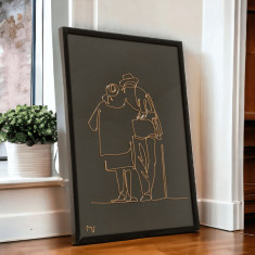 Bunicii, tablou din fir continuu de sarma placata cu aur, 22×31 cm