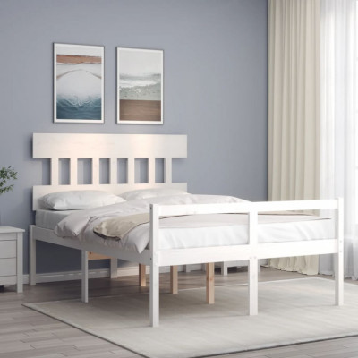vidaXL Cadru de pat senior cu tăblie dublu, alb, lemn masiv foto