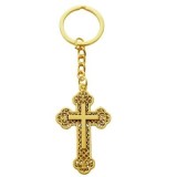 Breloc auriu 10,8 cm cu cruce 5,4 x 3,2 cm, aliaj metalic patinat filigranat, port chei crestin pentru barbati si femei sau marturii botez