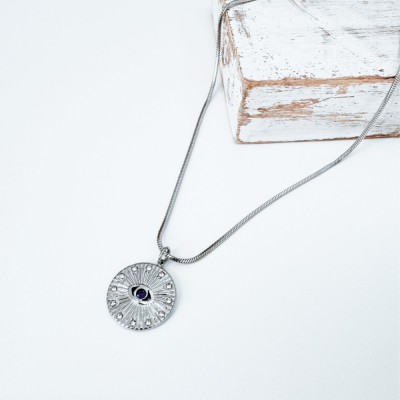 Colier Evil Eye din otel inoxidabil cu strasuri bleumarin si albe - Protectie energii negative foto