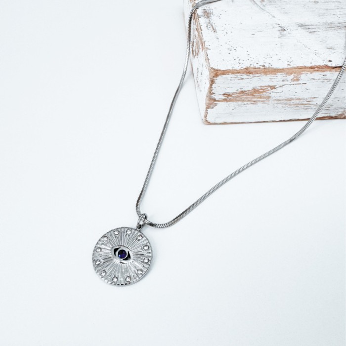 Colier Evil Eye din otel inoxidabil cu strasuri bleumarin si albe - Protectie energii negative