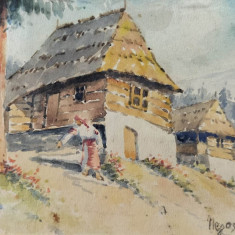 Grigore Negoşanu (1885-1953)-Peisaj cu sat de munte în Maramureş, acuarelă