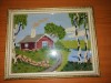 Tablou cusut goblen vechi inramat lucrat manual peisaj cu casa in padure rama lemn cu protectie