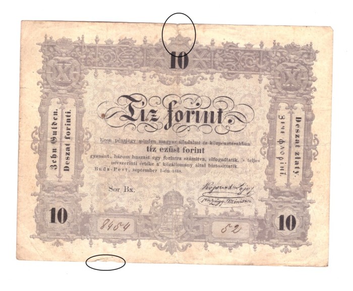 Bancnota Ungaria 10 forinti/forint 1 septembrie 1848, stare buna
