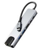 Hub USB-C Tech-Protect HB02, 1 x USB-A 3.0 - 1 x USB-A - 2 x USB-C - 1 x HDMI - 1 x RJ45, Gri, Universal