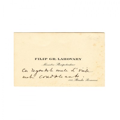 Filip Gr. Lahovary, carte de vizită cu text olograf foto